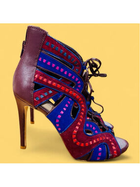 Gianni Bini Lace Up Heels Womens 8M Multicolor Leather Suede Cutout Stiletto